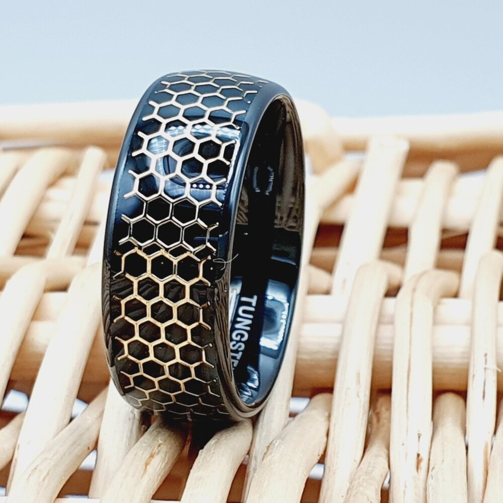 Unisex Tungsten Ring With Gold Honeycomb Pattern W963